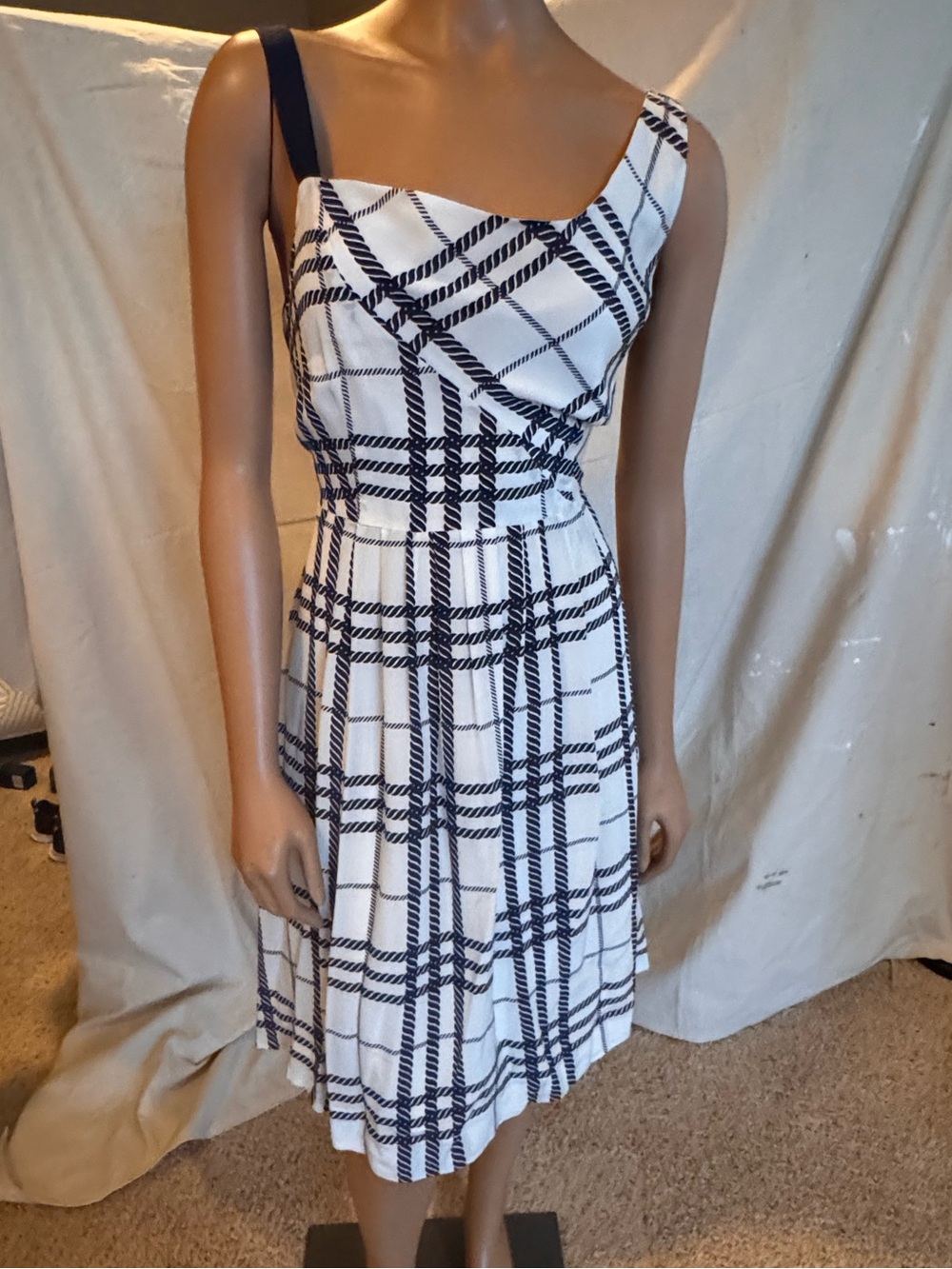 Navy and White Plaid Pleated Fit-and-Flare Dress